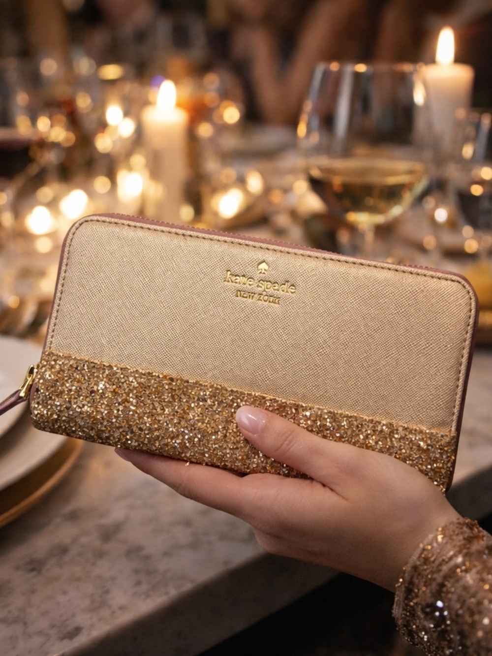 kate spade Dusty Peony Pink and Gold Glitter Zip-Around Wallet